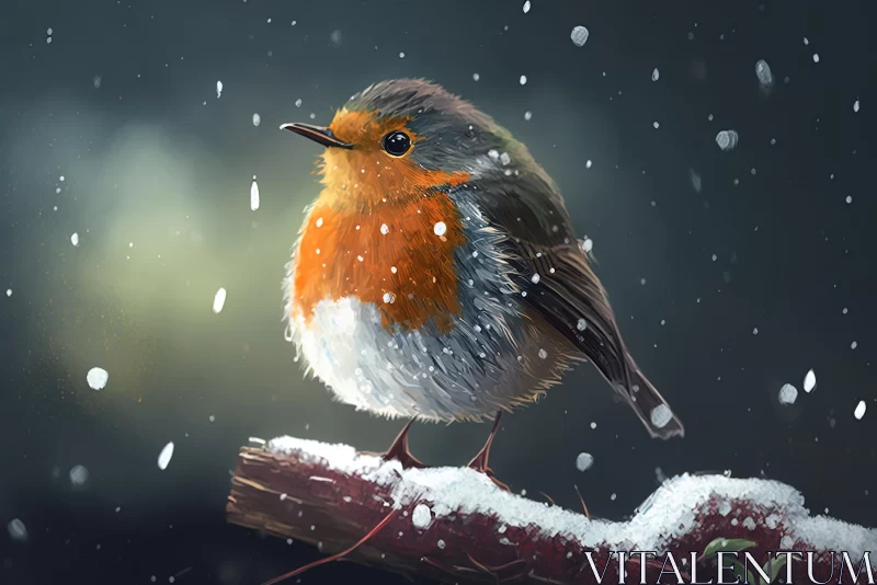 Joyful Celebration of Nature: Small Bird in Snowy Night AI Image
