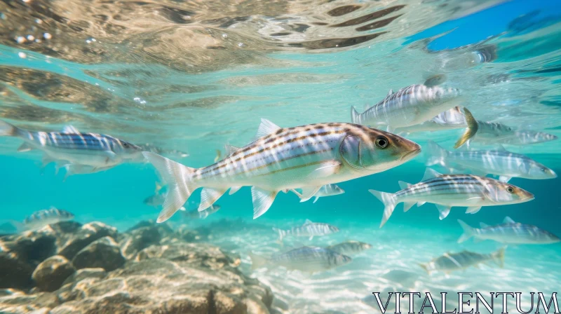 School of Striped Fish Swimming in Clear Blue Sea AI Image
