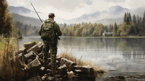 Tranquil Lake Scene with Man Fishing