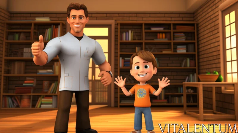 Cartoon Dentist and Young Boy in Library AI Image