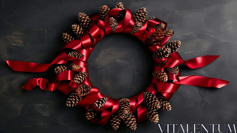 Christmas Wreath with Pine Cones and Red Ribbon AI Image