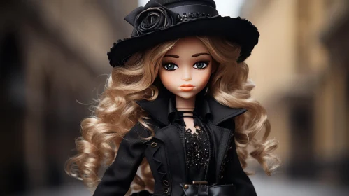 Enchanting Doll Portrait with Black Hat and Lace Collar
