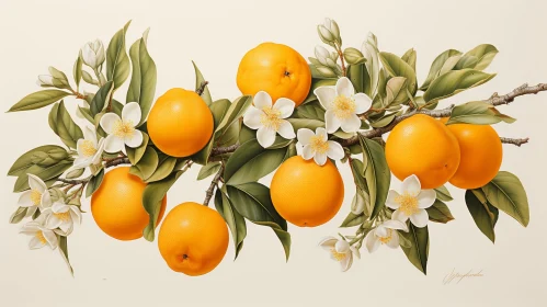 Orange Tree Branch with Ripe Fruits and White Flowers