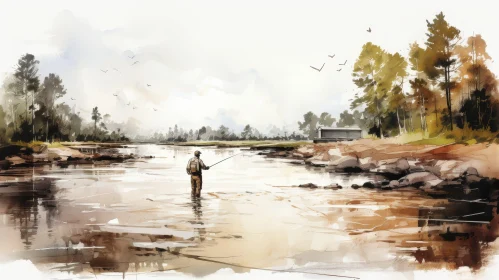 Tranquil Watercolor Painting of Man Fly Fishing in River