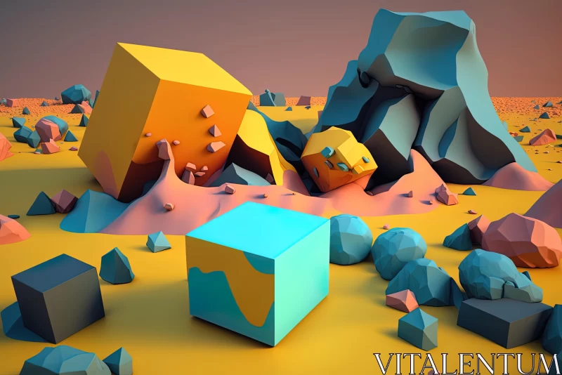 Captivating 3D Cubes and Colorful Rocks in a Deconstructed Landscape AI Image