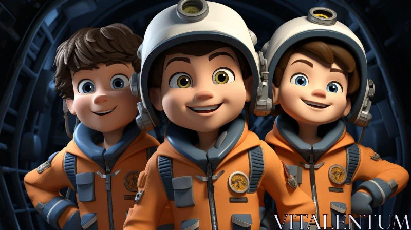 Three Young Astronauts in Orange Spacesuits in Spaceship AI Image