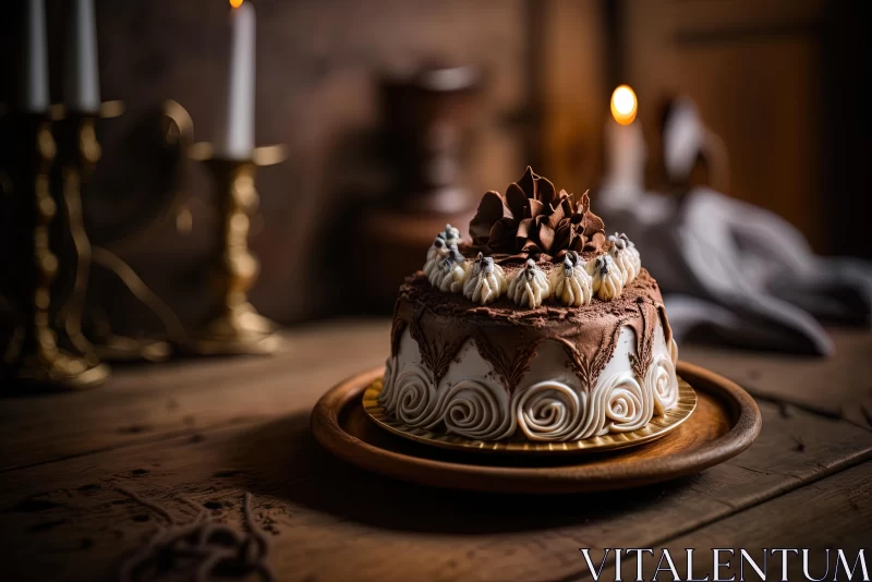 AI ART Exquisite Brown and White Cake on a Wooden Table | Old Master Inspired Fantasy