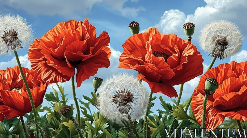 AI ART Serene Painting of Red Poppies and White Dandelions