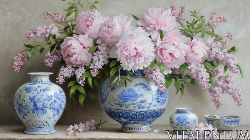 Elegant Still Life: Pink Peonies and Lilac Flowers in Porcelain Vase AI Image
