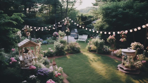 Enchanting Garden Scene with Flowers and String Lights