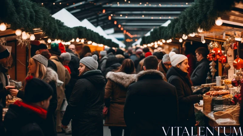 Festive Christmas Market Scene with Snow and Shoppers AI Image