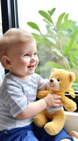 Happy Baby Boy Playing with Teddy Bear on Windowsill