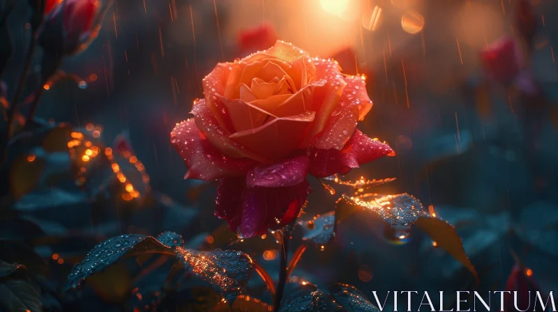 Orange Rose in Rain: Delicate Beauty Captured in Close-up AI Image