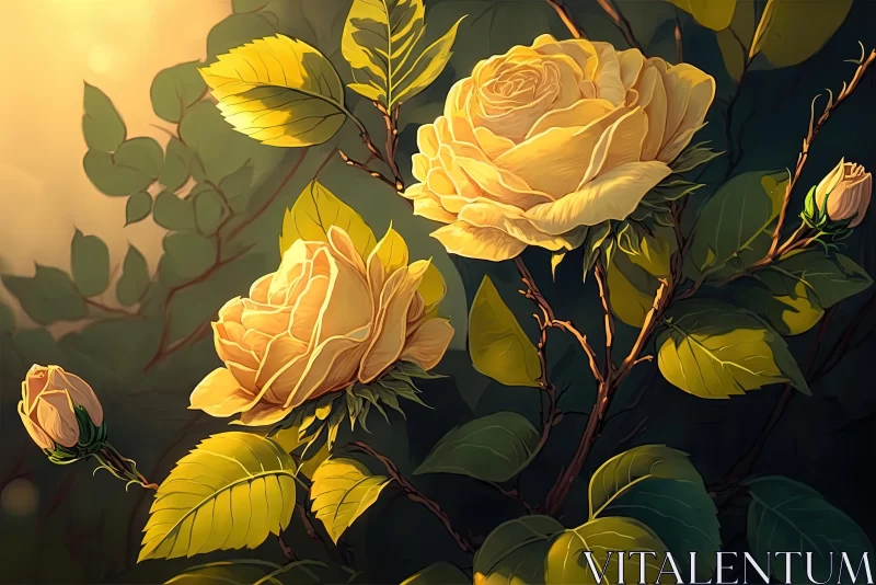 Yellow Roses in Sunlight: Detailed Character Design Painting AI Image