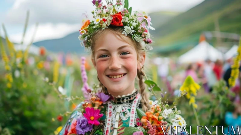 Young Girl in Traditional Attire with Flowers in Field AI Image