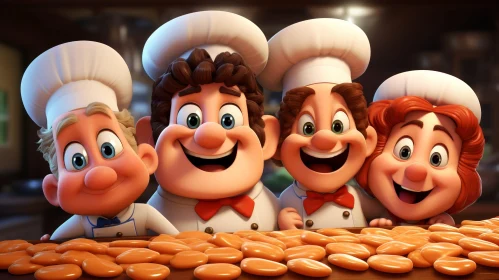Cheerful Cartoon Chefs in Kitchen