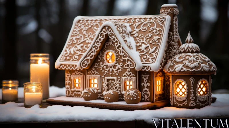Enchanting Gingerbread House in Snowy Winter Scene AI Image