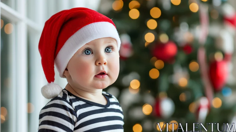 Festive Baby in Red Santa Hat with Christmas Tree Background AI Image
