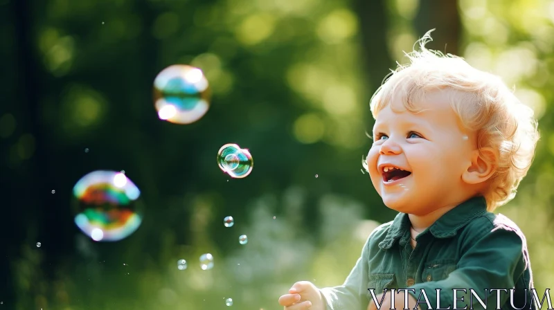Joyful Boy Playing with Soap Bubbles in Sunlit Park AI Image