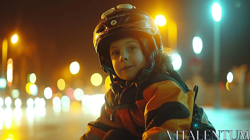 Night Snowmobile Adventure with Smiling Girl AI Image