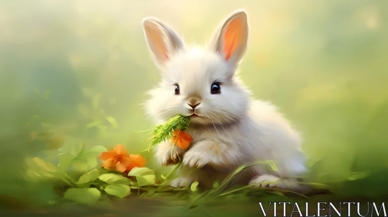Adorable Bunny Eating Carrot in Green Meadow AI Image