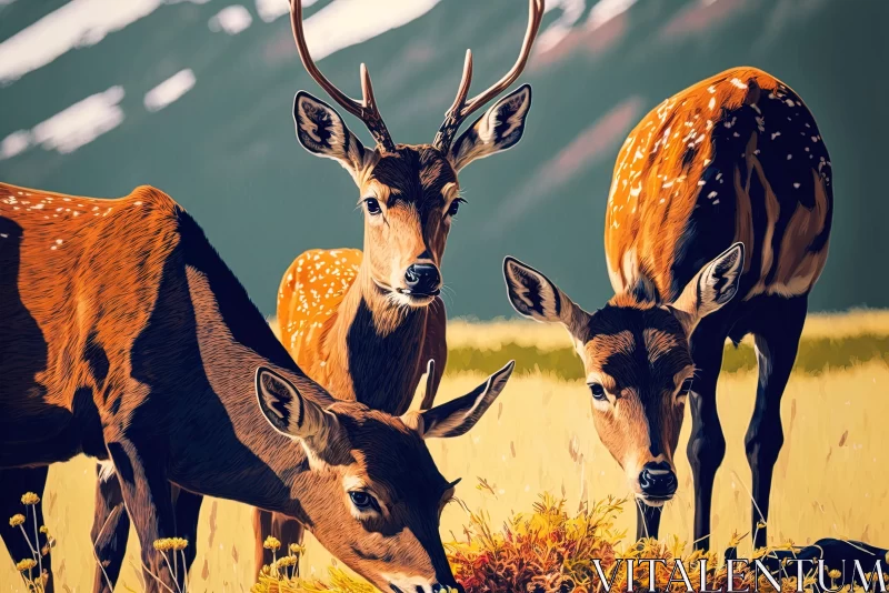 Majestic Forest Scene: Realistic Deer Portraits with Mountain Backdrop AI Image