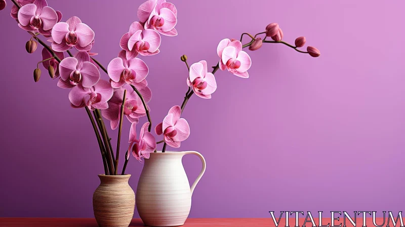 Pink Orchids Still Life - Blooming Flowers in Vases AI Image