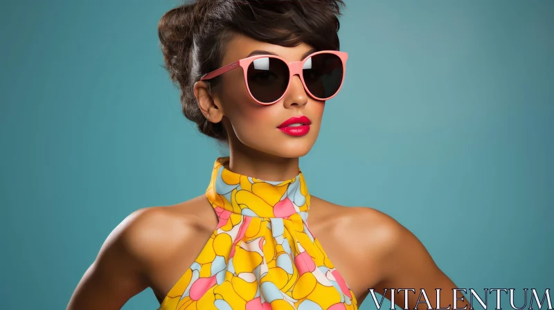 Serious Young Woman Portrait in Yellow Top and Sunglasses AI Image