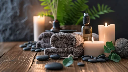 Tranquil Spa Setting with Towels and Candles