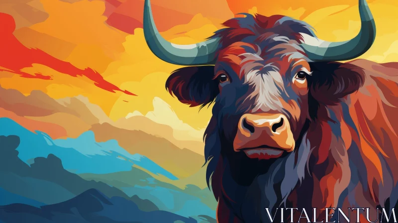 Bull Illustration at Sunset AI Image