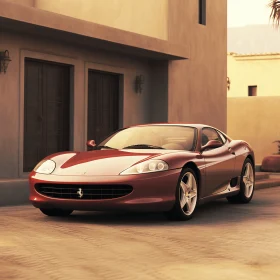 Captivating Dark Crimson and Beige Sports Car in Front of a Building