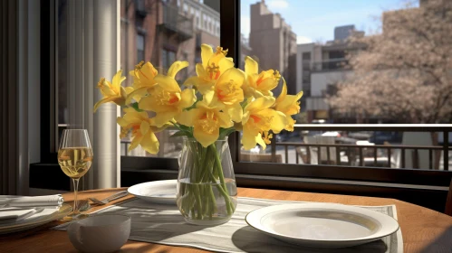 Elegant Dining Table with Yellow Daffodils and City View