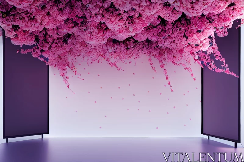 Pink Flowers in a Room: Serene 3D Rendering with Vibrant Stage Backdrops AI Image
