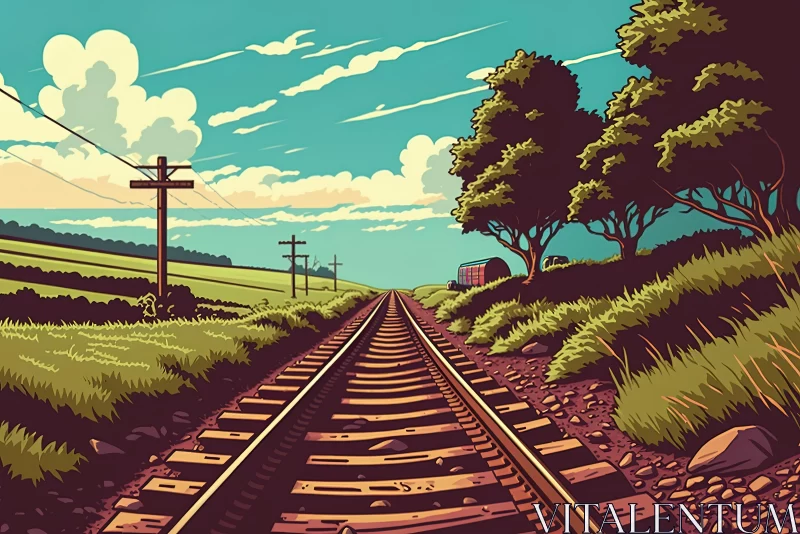 Vintage Illustration of Rural Train with Trees and Mountains AI Image