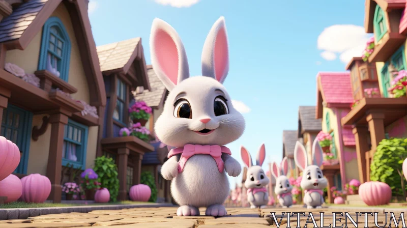 Whimsical Cartoon Rabbit in a Village AI Image