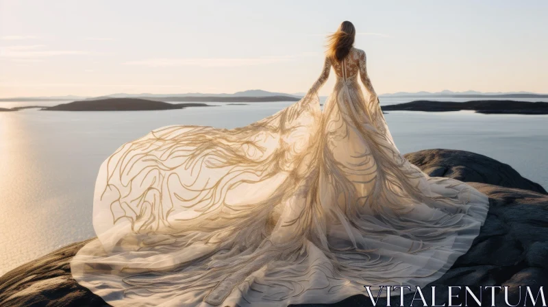 AI ART Woman in Wedding Dress by the Sea at Sunset