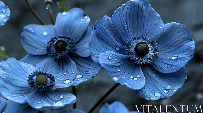 Blue Anemone Flowers with Raindrops - Close-up Shot AI Image