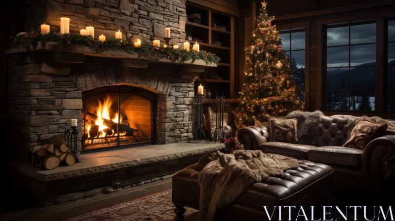 Cozy Living Room with Fireplace and Christmas Tree AI Image