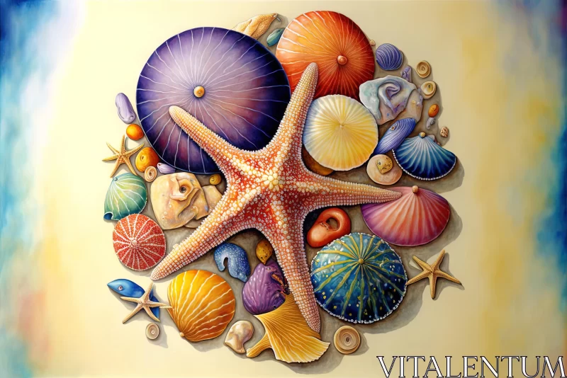 Ocean Scene with Seashells and Starfish: Vibrant Realistic Painting AI Image