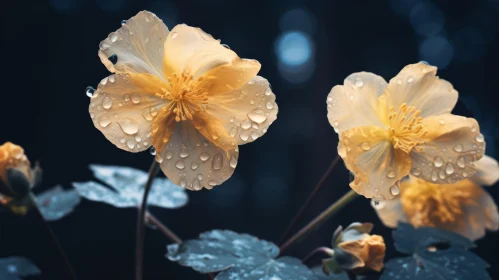 White Flowers with Water Droplets Close-Up