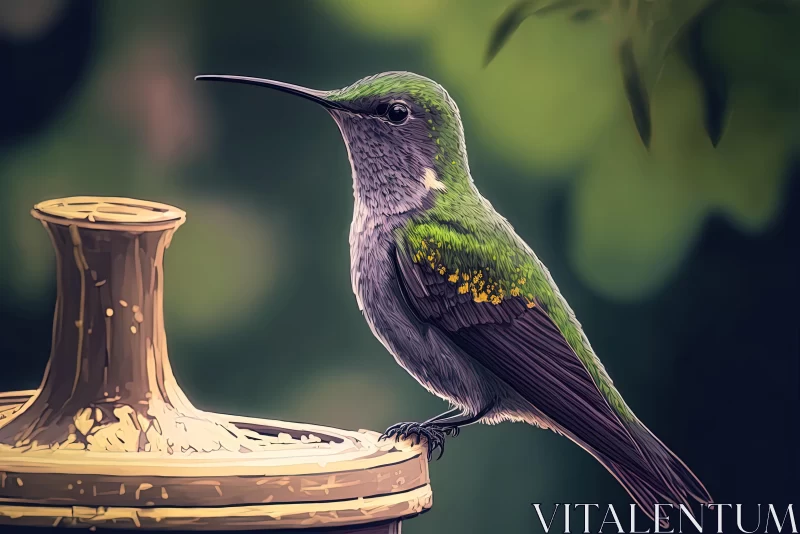 Captivating Green Hummingbird Perched on Birdfeeder - Digital Art AI Image