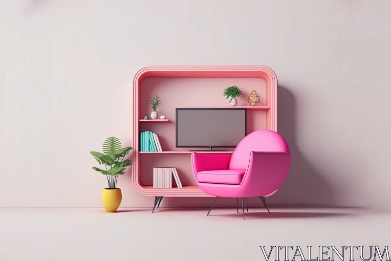 Colorful and Captivating Pink Chair and TV in a Realistic yet Stylized Design AI Image