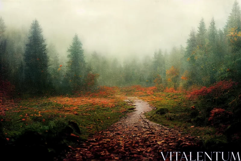 Enchanting Autumn Forest Path in Mystical Fog AI Image