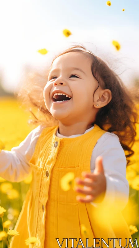 Joyful Little Girl in Yellow Dress Surrounded by Flowers AI Image