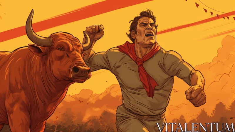 Man Running from Bull in Comic Style AI Image