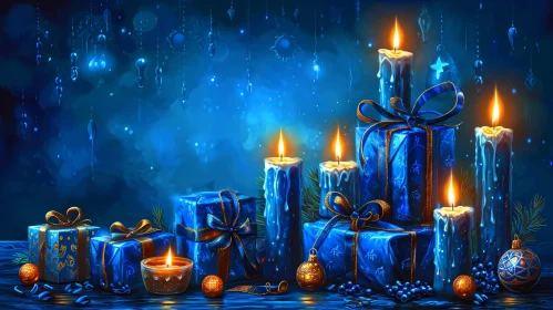 Serene Blue and Silver Christmas Image with Candles and Ornaments