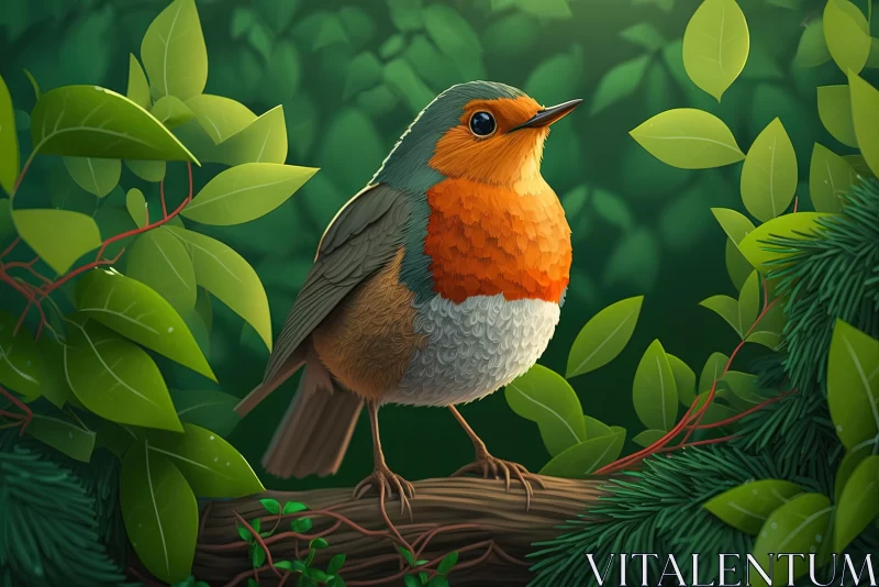 Serene Robin Illustration in Vibrant Forest Setting AI Image