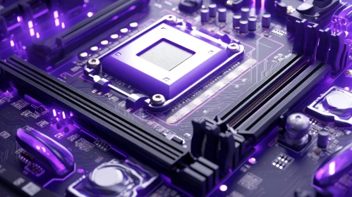 Detailed Computer Motherboard Close-up with Purple Illumination
