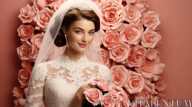 Elegant Bride in White Wedding Dress with Pink Roses AI Image