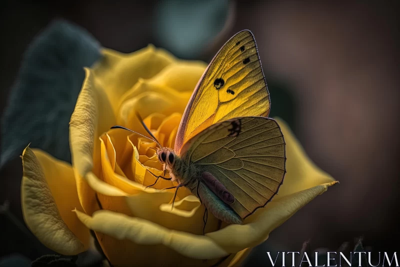 Graceful Yellow Butterfly Resting on a Vibrant Yellow Rose AI Image